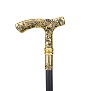 Canne de marche de luxe vintage dorée avec poignée en T, tête de chèvre en alliage et pointe en fer, portable, pour la randonnée en extérieur et la défense personnelle - Product Image 2