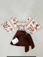 Ensemble deux pièces pour femme : haut court imprimé à manches courtes et jupe mini marron, tenue d'été, vente en gros, personnalisable