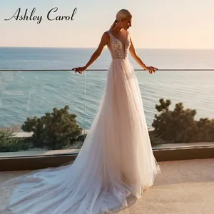 Ashley Carol A-Line <span class=keywords><strong>Vestidos</strong></span> de novia para mujer 2024 elegante escote en V profundo ilusión brillante vestido De tul <span class=keywords><strong>Vestidos</strong></span> De Novia - Product Image 1