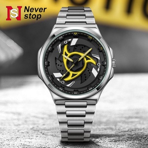 Montre à quartz avec boîte, bracelet en acier inoxydable, luminescente, avec affichage rotatif de roue de voiture de sport, tendance N946 pour homme - Product Image 2