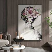 Peinture à l'huile abstraite de portrait féminin et de fleurs, 100 % peinte à la main, sur toile de qualité supérieure, avec cadre en bois, taille personnalisée, collection 2026, en promotion