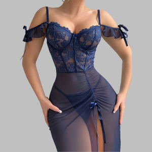 Corset sexy brodé respirant bleu marine en dentelle à fente haute et volants pour femme, idéal pour la nuit de noces, avec ourlet floral à volants - Product Image 1