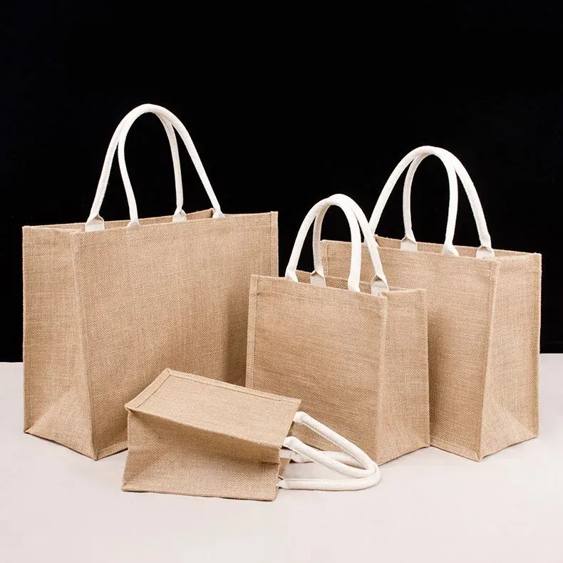 Bolsas laminadas de supermercado de arpillera con logotipo personalizado blanco liso ecológico, bolsas de compras, bolsa de yute reutilizable con asa de cuerda