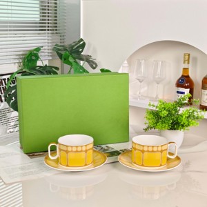 Juego de Taza y Platillo de Porcelana Fina Premium, Vajilla Geométrica Amarilla para Té y Regalos - Product Image 1