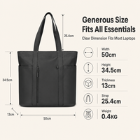 Tas Tote Kanvas Hitam dengan Logo Custom, Kompartemen Laptop 15.6 inci, Tahan Air, Kapasitas Besar, Tas Selempang Kerja Wanita untuk Bisnis