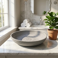 Bol décoratif pour fruits en résine de poudre de pierre à texture poreuse brossée en spirale, gris clair mat, imitation béton, peu profond, rond, à large ouverture