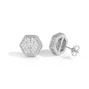 Wholesale Full Diamond Hip Hop <b>Stud</b> Earrings Trendy Brand's Hexagonal Cross Copper Zircon Customizable for Men Women - Product Image 2