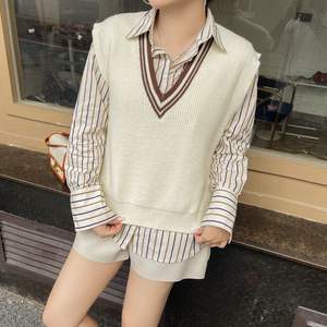 N8279 Chaleco de punto con cuello en V para mujer, talla grande, negro y blanco roto, fibra acrílica, estilo retro, ropa informal - Product Image 3