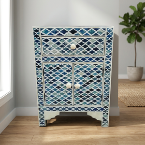 Natural Crafts Bone Inlay Products Manufacturing Company Luxury Bone Inlay Furniture Bone Inlay <b>Bedside</b> <b>Table</b> Marrakech Blue - Product Image 4
