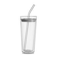 Gobelet à eau réutilisable en verre borosilicate haute résistance, à double paroi, avec couvercle en silicone et paille en verre
