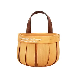 YULIN JIAFU Small Round Natural Woodchip Wooden Decorative Storage Basket with Handle Wood Chip Material Fruit Basket