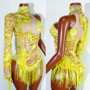 Pantalon en Spandex/Coton à Franges de Strass Jaune Fluorescent Éblouissant pour Spectacles Scéniques, Danse de Salon, Cabaret, Stars Pop et Divas - Product Image 6