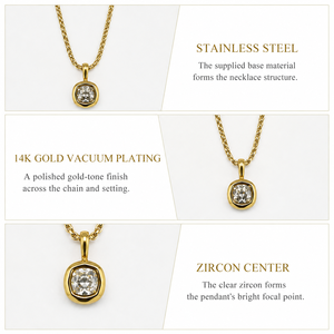 Cushion Zircon Necklace Stainless Steel 14K <b>Gold</b> Vacuum Plated Rounded Square Pendant <b>Gold</b> and Silver Colors - Product Image 5
