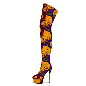 Big Size 48 Side Zipper Thigh High <b>Boots</b> Women's Stiletto Thick <b>Platform</b> Over-knee Floral Pattern <b>Boots</b> Stretchy Fabric Shoes - Product Image 3