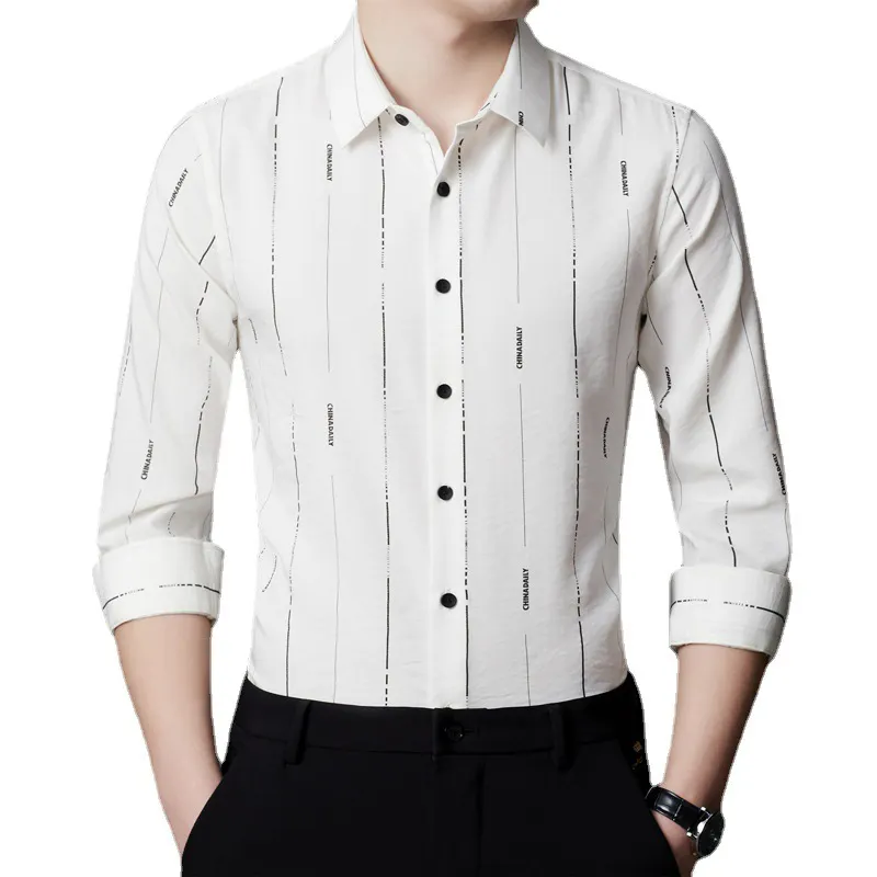 カスタマイズ卸売縦縞シャツ春アイスシルク七分袖ビジネスファッション品質シャツ男性用