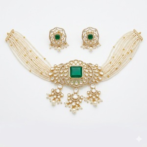 Royal 925 <b>Silver</b> Emerald Pearl <b>Choker</b> Necklace Set Designer Bridal Jewelry Elegant Earrings for Women Collection Bridal Wedding - Product Image 1