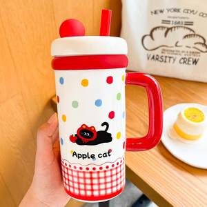 Apple Pig Ceramic Straw Mug With <b>Lid</b> And Handle Cartoon Pattern Office <b>Coffee</b> <b>Cup</b> For Women Large Capacity - Product Image 3