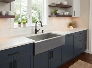 Évier de cuisine de style farmhouse en acier inoxydable massif de qualité supérieure, avec façade frontale, surface martelée ou brossée faite à la main, cuve profonde - Product Image 2