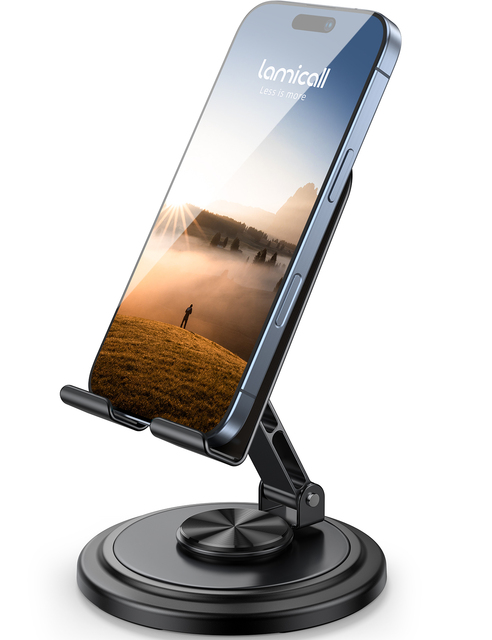Lamicall STDP04 Adjustable Folding Phone Holder 360° Rotating Base Flexible Plastic with Wood Grain Finish for Desk Use