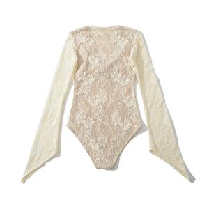 Contrast <strong>Lace</strong> Trim Deep V Neck <strong>Bodysuit</strong> Women Sexy Twist Front Long Sleeve Jumper Top See Through Mesh Lingerie Style Shirt - Product Image 4