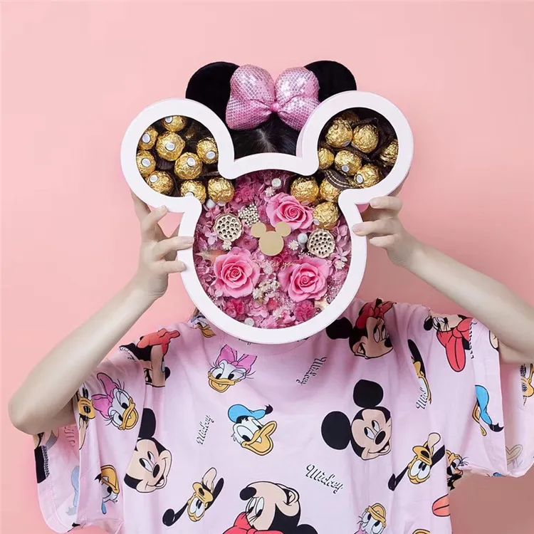Kotak Hadiah Kemasan Coklat Bunga Bentuk Mickey Mouse Transparan Akrilik Mewah Valentine Ibu Valentine