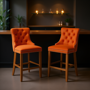 Ensemble de 2 tabourets de bar orange, capitonnés en velours, pieds en bois, garniture cloutée, style contemporain, mobilier de bar pour la maison - Product Image 2