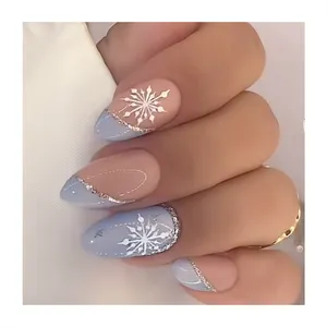 Nieuw Ontwerp Winter Stijl Amandel Nep Nagels Kunst Kunstnagels Tips Bedekken Glitter Poeder Gemaakt Sneeuwpatroon Pers Op Nagels