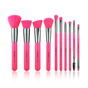 Pincel de maquiagem profissional, pincel rosa fluorescente para maquillaje profissional com 10 peças