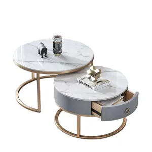 Mesa de centro anidada redonda contemporánea, vidrio lateral de Metal dorado negro, mármol, MDF, madera, 3 piezas, juego de mesa de centro de té