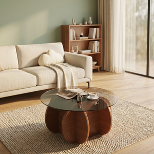 Table basse ronde moderne en bois avec plateau en verre trempé, design mid-century, meubles de salon faits à la main - Product Image 3