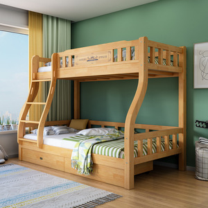 เตียงสองชั้นไม้จริงพร้อมที่เก็บของ ห้องเด็ก เตียงคู่ สีธรรมชาติ - Product Image 1