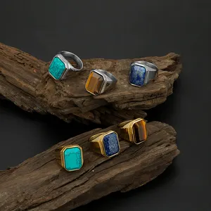 Stainless Steel Natural Stone Ring Tiger Eye Lapis Lazuli Women Man Jewelry 18k Gold Plated PVD Signet Ring