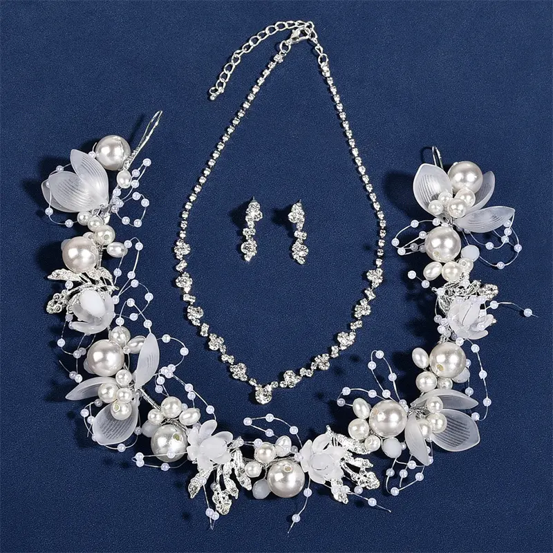 Miele fiore perle petali di perline fata corona diadema gioielli da sposa economici capelli morbidi orecchini a cerchio collana Set per il matrimonio