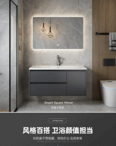 <span class=keywords><strong>ตู้</strong></span>ห้องน้ำติดผนังแบบออลอินวัน รุ่น 900 Egg Modern พร้อมอ่างล้างหน้า ประตูไม้อัดเคลือบเงา รวมก๊อกน้ำและกระจก - Product Image 5