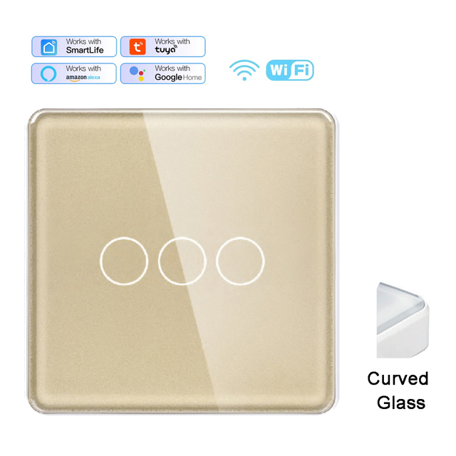 Mvava Curved Glass Panel 3 Gang 3 Way 220V Tuya Alexa Voice Control System Wifi Zigbee Electrical Light Wall Smart Touch Switch