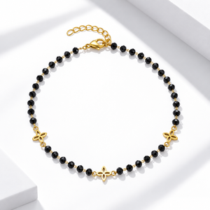 Collier floral en cristal noir, acier inoxydable, plaqué or 14 carats, chaîne à perles, 41+5 cm, 6,8 g - Product Image 1