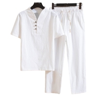 Ensemble Homme Chemise et Pantalon Élégants en Lin/Coton Uni, Respirant, Essentiel d'Été au Design Tissé, Style Décontracté