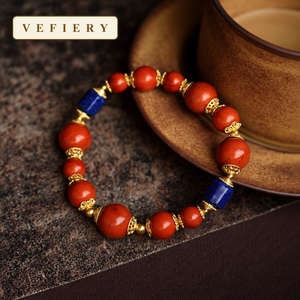 Natural <b>Red</b> Agate Lapis Lazuli Mixed Beaded Stretch Bracelet with Gold <b>Tone</b> Details for Women Jewelry Wholesale - Product Image 4