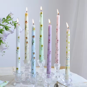 25cm <b>Long</b> Stem Floral Print Handmade Soybean Mixed Wax Smokeless Eco-Friendly Romantic Candlelight Dinner <b>Candle</b> - Product Image 1