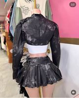 Ensemble jupe et veste en cuir PU de haute qualité pour femme, veste courte et jupe plissée, ensemble 2 pièces sexy vintage en cuir pour femme