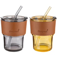 Gobelet de voyage en verre pour café avec logo personnalisé, manchon en cuir résistant à la chaleur, couvercle et paille, 301-400 ml, sans BPA, anti-fuite
