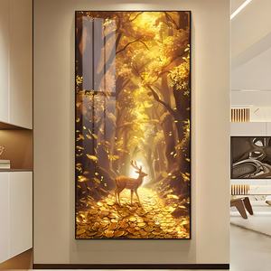 Cuadro Decorativo para Entrada, Arte de Pared para Pasillo, Ciervo Dorado con Lámpara LED Incrustada con Cristales de Diamante, Pintura en Porcelana - Product Image 4