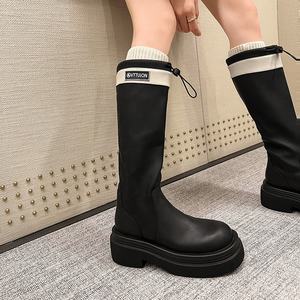 En çok satan kadınlar uzun çizmeler renk eşleştirme mektup dekor kalın taban elastik halat yuvarlak ayak kadın diz çizmeler - Product Image 4