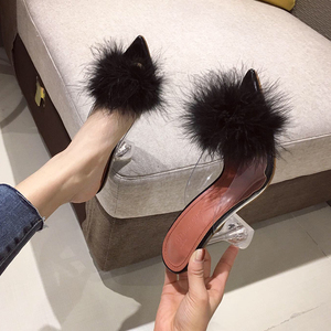 Sandales d'été en laine à bout ouvert pour femmes, talon transparent en verre, chaussures de mariée antidérapantes à bout pointu pour l'export. - Product Image 5