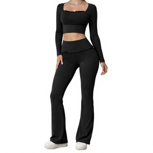 <b>Women</b> Seamless Yoga Set Two Piece Activewear High Waist <b>Leggings</b> Square Neck <b>Crop</b> Top Long Sleeve Jacket - Product Image 3