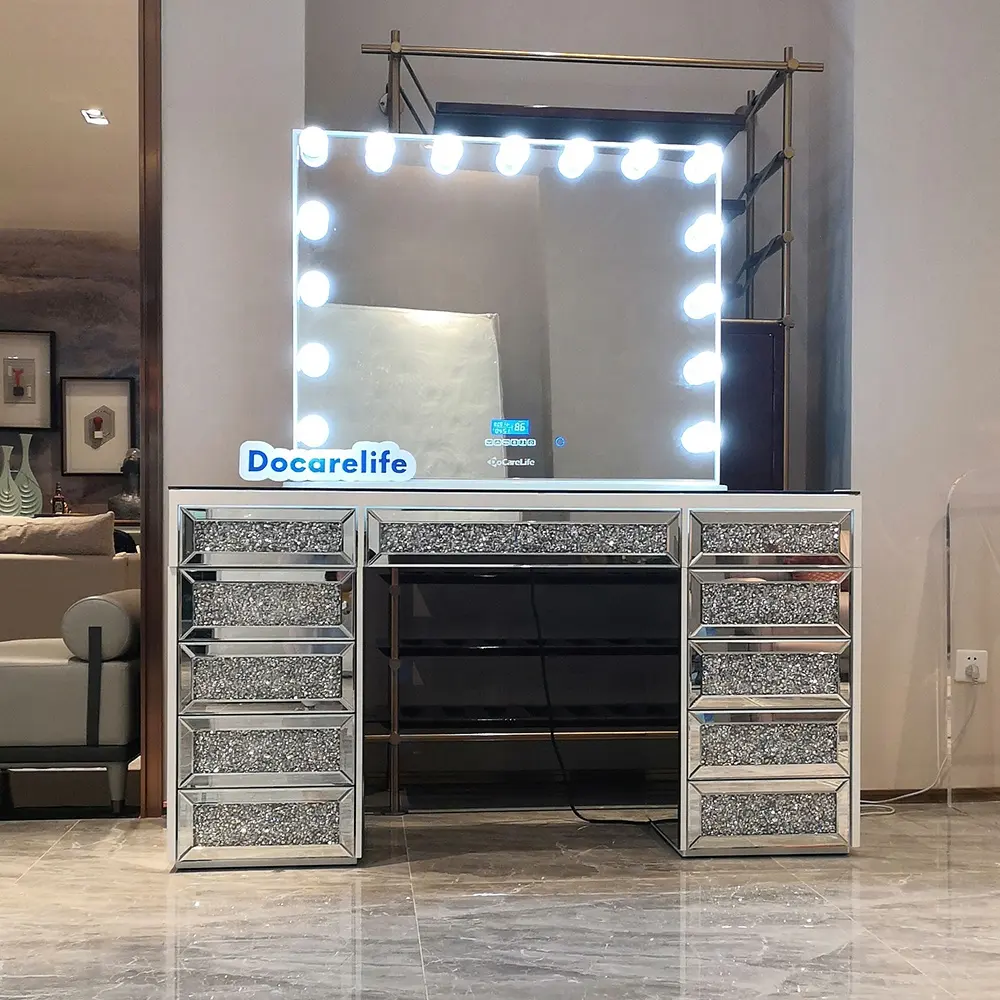 Voorraad America Magazijn! Docarelife Hollywood Kristal Ijdelheid Tafel Slaapkamermeubelset Modern Gemalen Diamant Gespiegeld Dressoir