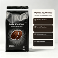 Sachet Doypack de qualité alimentaire à soufflets sur huit côtés, refermable avec fermeture éclair, finition mate, pour emballage de café en grains et café moulu, personnalisable