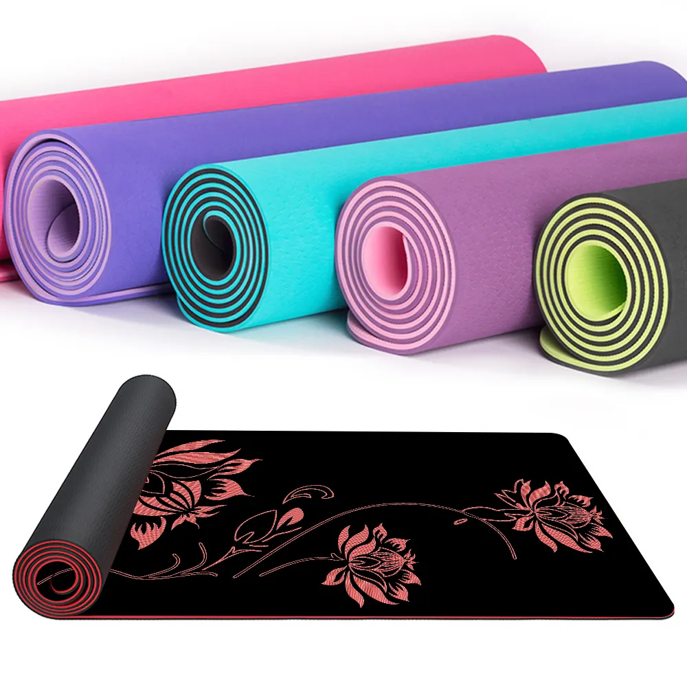 Toptan özel baskı yüksek kalite 6mm çevre dostu tek ve çift renk Yoga Mat lüks dayanıklı Yoga ped TPE Yoga matı 10mm