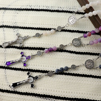 Chapelet catholique en perles de verre craquelé avec médaille de saint et pendentif crucifix pour cadeau chrétien