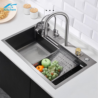 Évier de cuisine moderne à cuve unique carrée en acier inoxydable 304 multifonction à encastrer noir ultrasonique